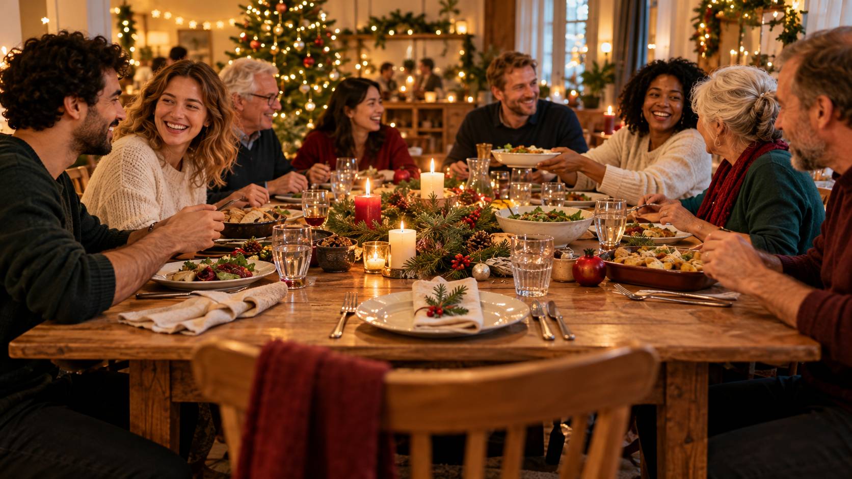 Fröhliche Menschen verschiedener Generationen sitzen an einer festlich gedeckten Weihnachtstafel mit Kerzen, Tannengrün und geschmücktem Weihnachtsbaum