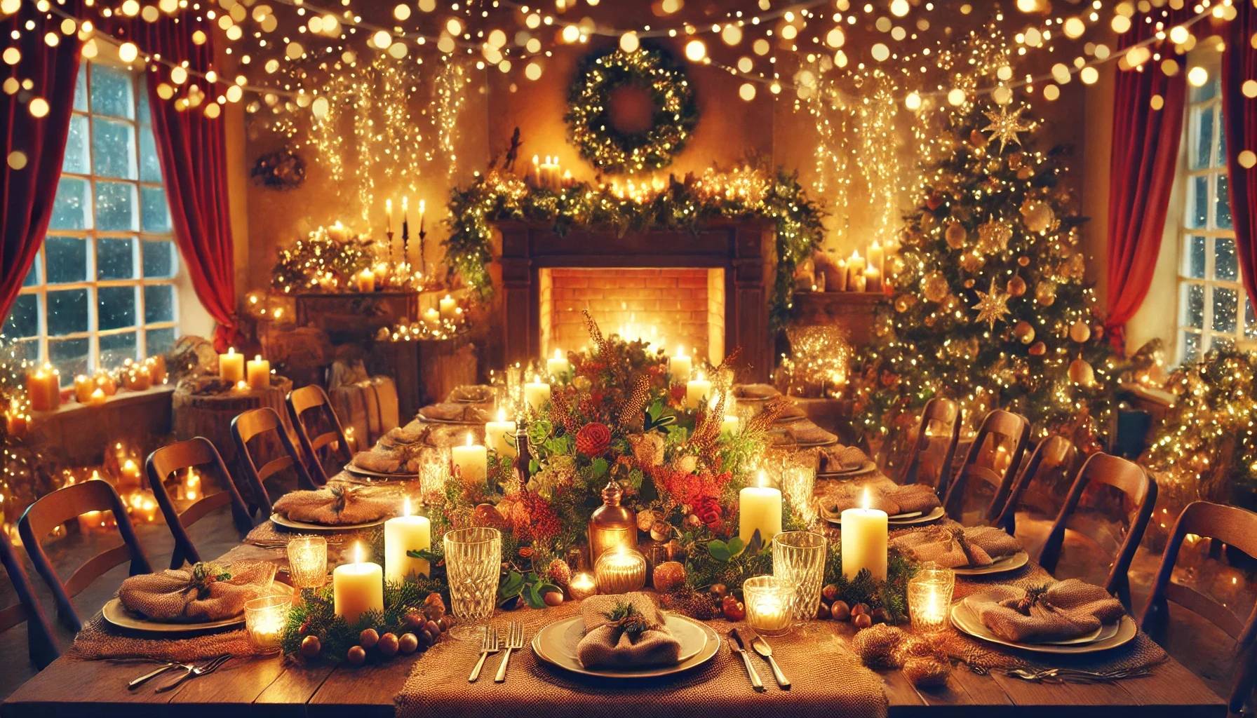 Lange, festlich gedeckte Weihnachtstafel mit Kerzen, Lichterketten und Kamin