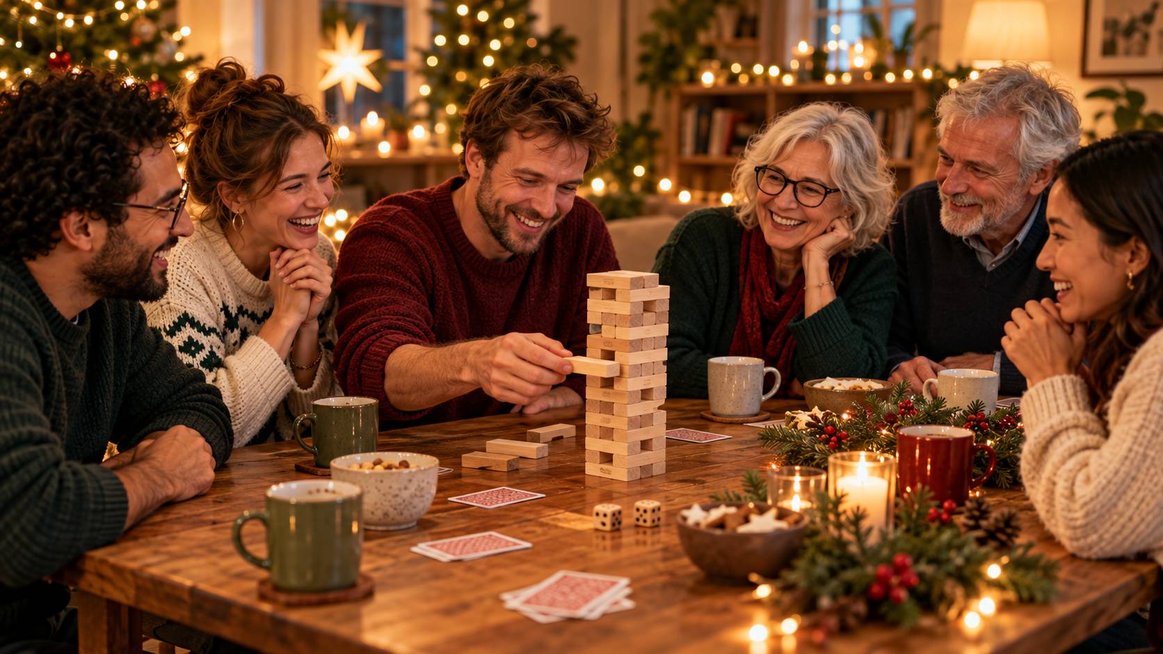 Sechs Menschen verschiedener Generationen sitzen lachend am Holztisch und spielen Riesenjenga – mit Kerzen, Plätzchen und Weihnachtsbeleuchtung