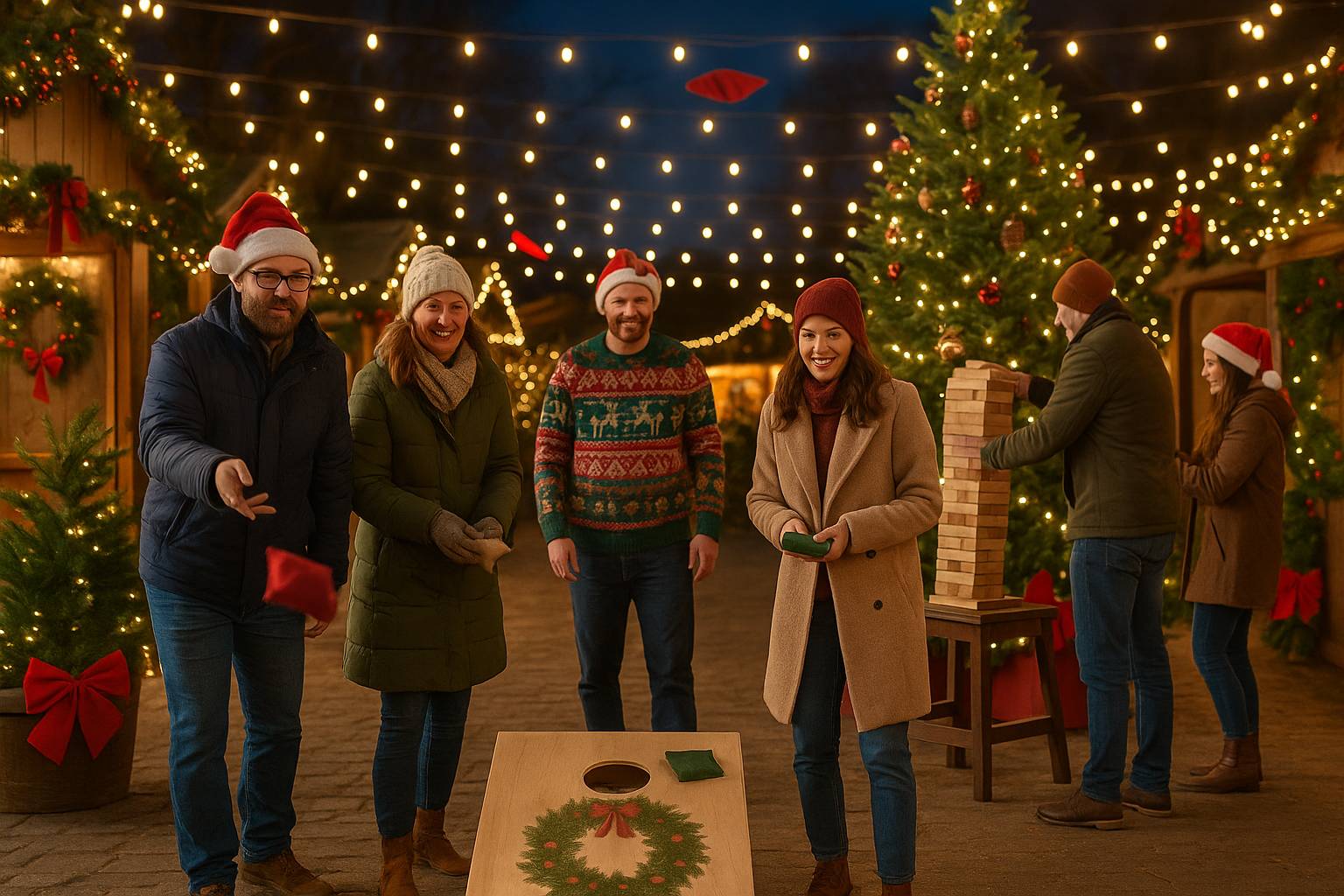 Menschen in Winterjacken spielen Cornhole und Riesenjenga zwischen Lichterketten und Weihnachtsbäumen