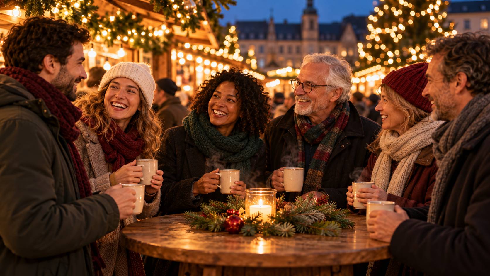 Sechs Menschen stehen mit dampfenden Tassen an einem Stehtisch auf dem abendlichen Weihnachtsmarkt, im Hintergrund beleuchtete Buden und Weihnachtsbäume