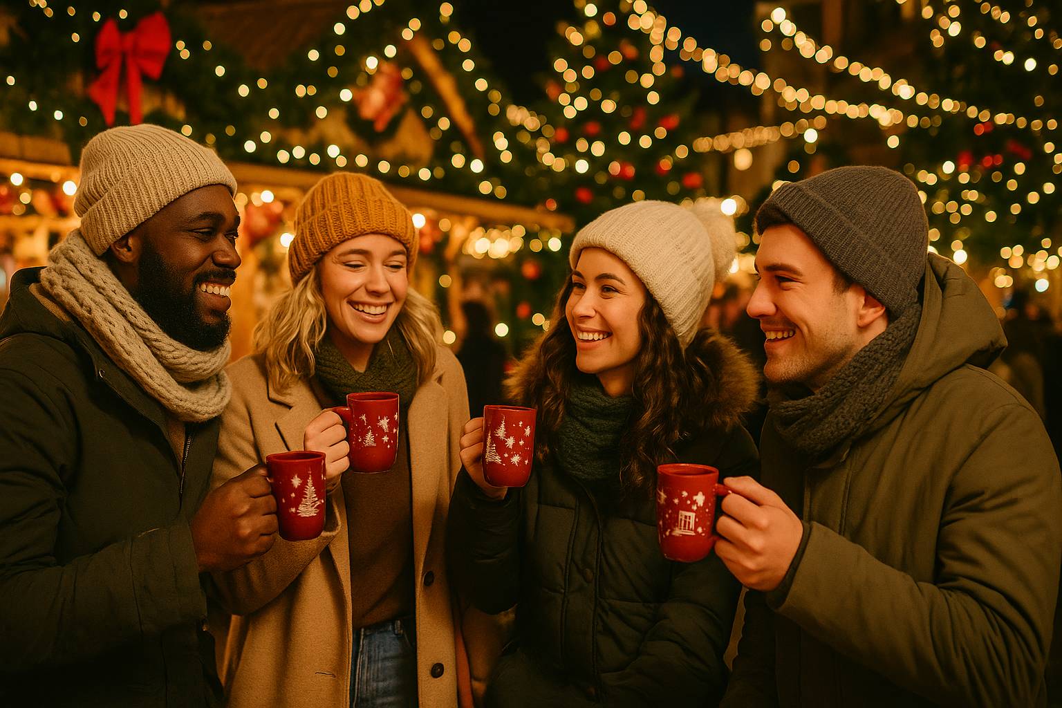 Vier Personen mit Mützen stoßen auf dem Weihnachtsmarkt mit roten Glühweintassen an