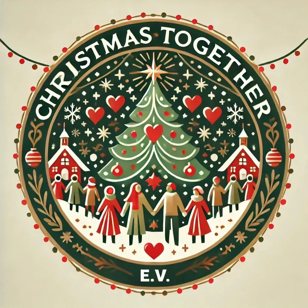 Logo des Christmas Together e.V.: Menschen halten sich vor einem Weihnachtsbaum an den Händen, umgeben von Herzen und Sternen