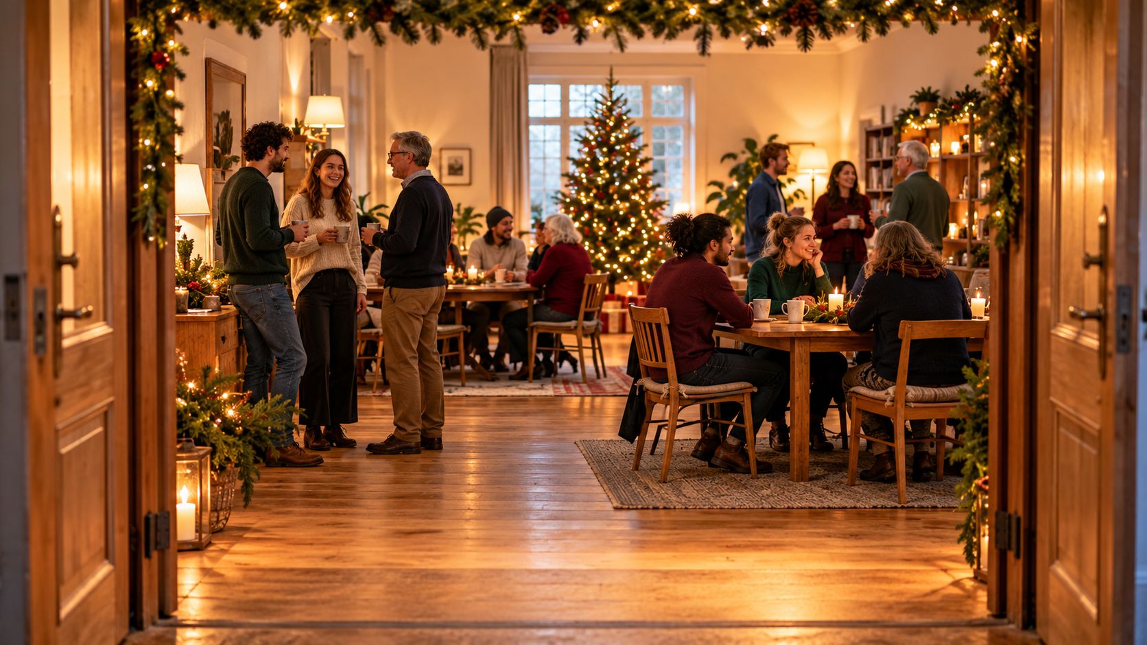 Blick durch eine offene, weihnachtlich geschmückte Flügeltür in einen warmen Raum, in dem Menschen in kleinen Gruppen bei Kerzen und Tassen ins Gespräch vertieft sind